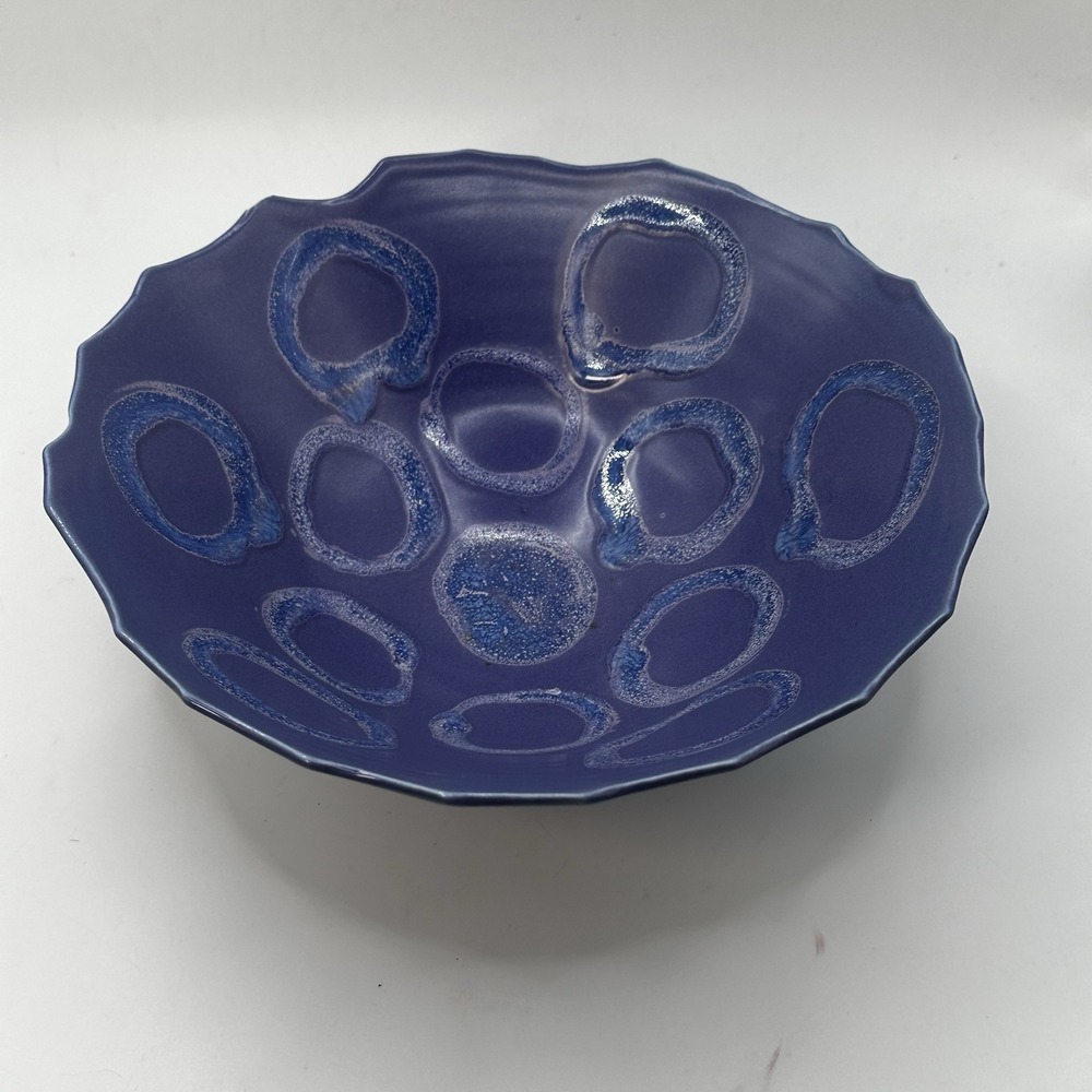 Studio Pottery Bowl Purple Blue With Circular Shapes Organic Shapes Signed